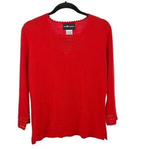 Sag Harbor Women's Sweater w/Crochet Neckline & Cuffs M Red V-neck Pullover Vtg
